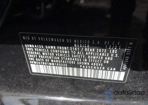 2021 Volkswagen Jetta 1.4T R-Line/1.4T S/1.4T Se z USA, uszkodzony, nr VIN 3VWC57BU1MM103225